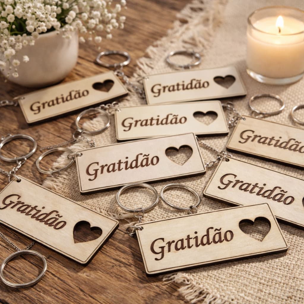 Kit Chaveiro Gratidão Coração Vazado em MDF Branco Lembrancinha