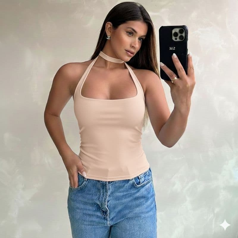 Blusa Feminina de Alcinha Cropped Versátil de Amarração Suplex Top Halter Moda Gringa Alcinha com Forro