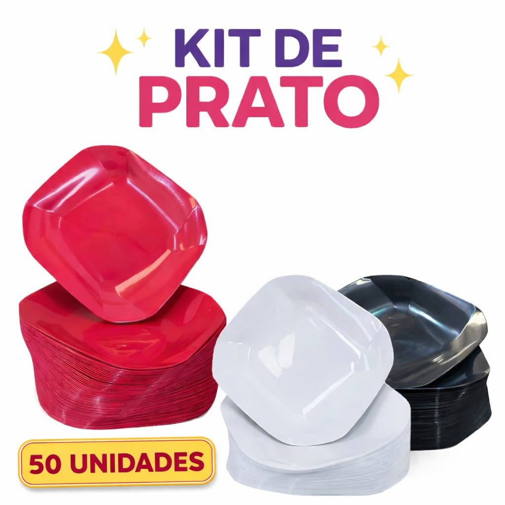 Kit 50 Pratos Liso Quadrado de Plástico Resistente Durável com Detalhes em Espiral