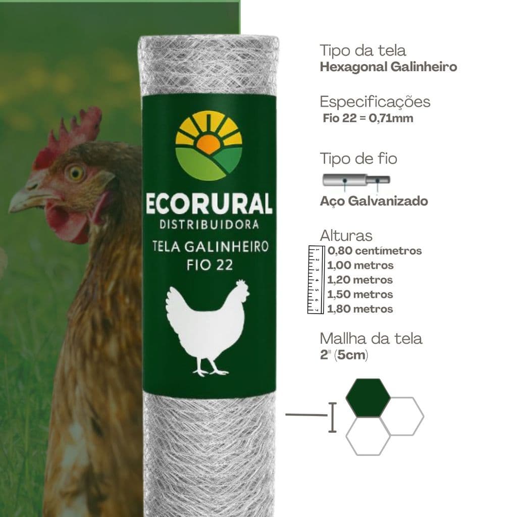 Rolo Tela Galinheiro Fio 22 Galvanizada 1,20x40m Cercamento de Aves