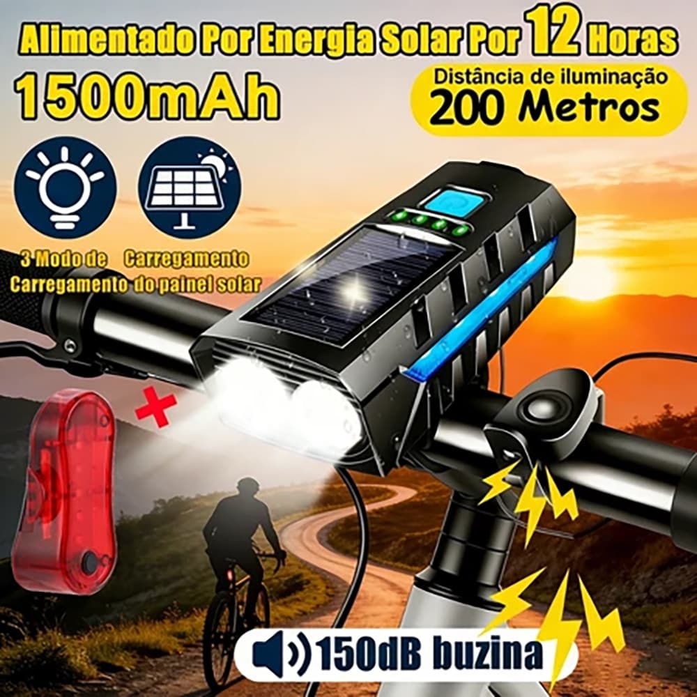 Kit Lanterna Bike Solar Com Buzina E Power Bank 12 Horas Recarregável À Prova D'Água Farol Bicicleta