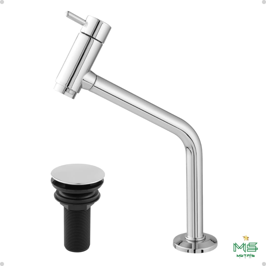 Torneira Alta Cromada Para Cuba de Apoio, Kit Para Banheiro, Torneira + Valvula Clic Abs Cromada