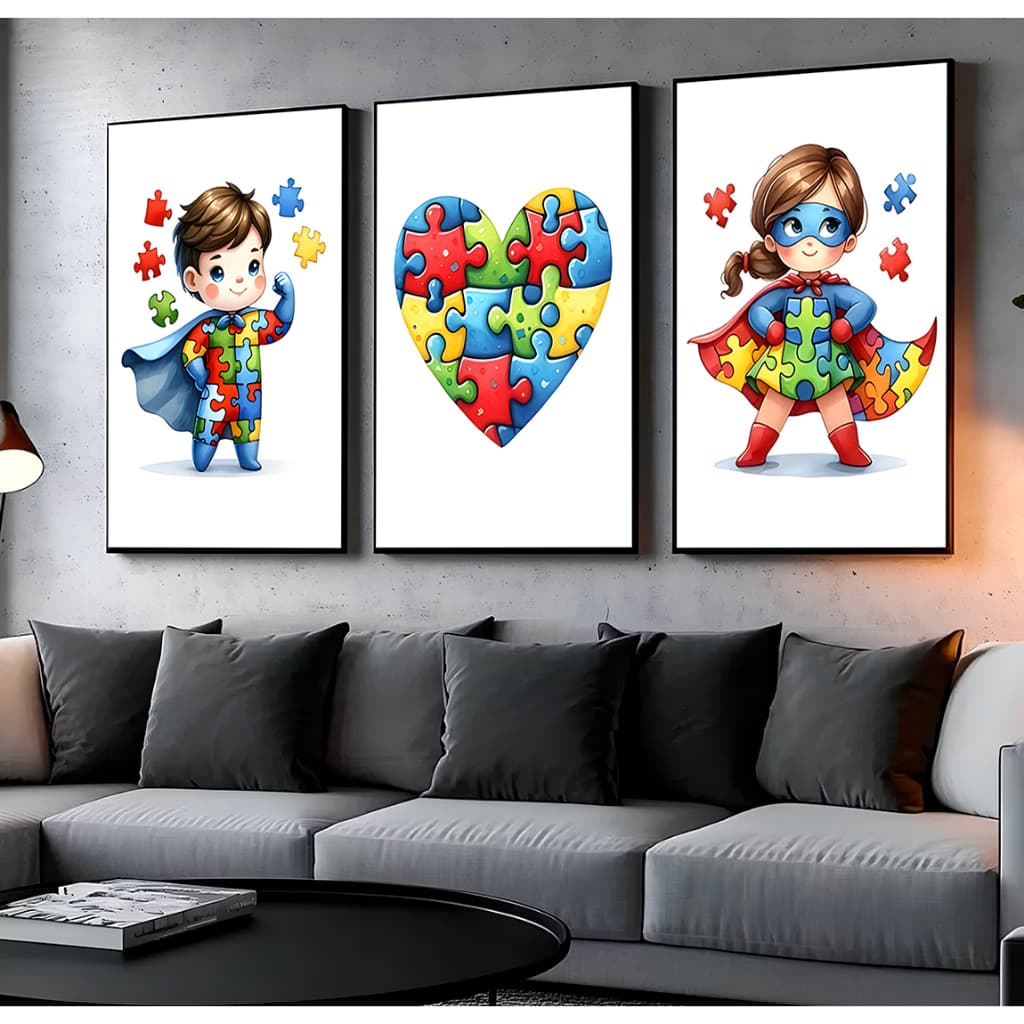 Quadros Decorativos Infantil Austimo (TEA) Para Sala Quarto Escritório Mosaico 3 Peças