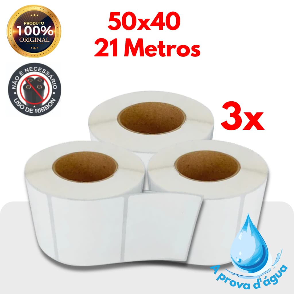 3 Rolos de etiqueta termica a prova d'água 50x40 21 metros