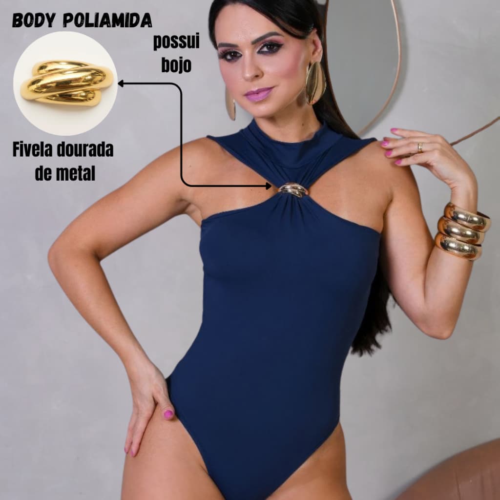 Body frente única gola alta poliamida C/bojo fivela de metal moda feminina elegante e estilosa lançamento tendencia 2026