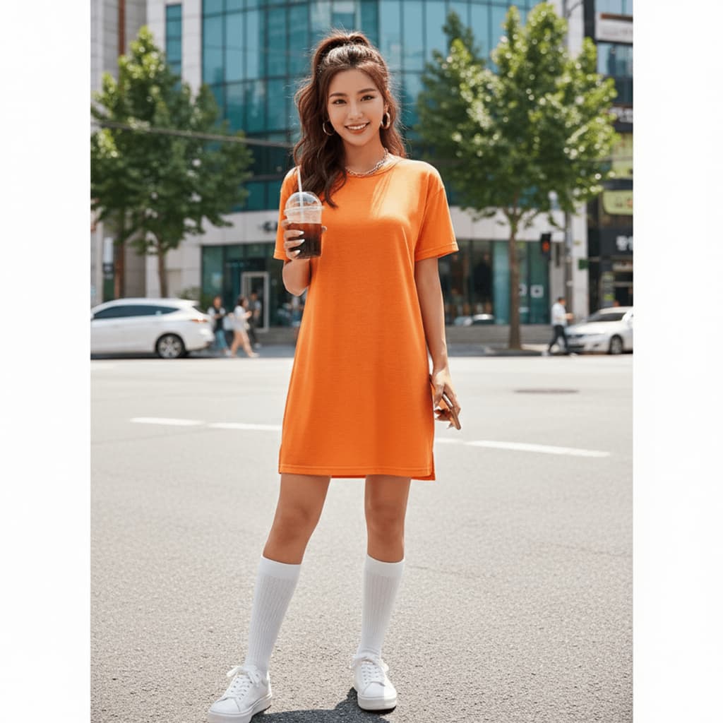 vestido laranja camisetão oversized verão blusão camiseta alongada streetwear casual retrô kpop y2k
