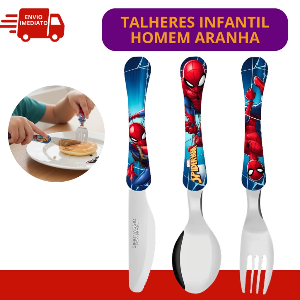 Talheres Infantis Kit Homem Aranha Colher + Garfo + Faca Kit 3 Talheres em Inox Disney Super Herói