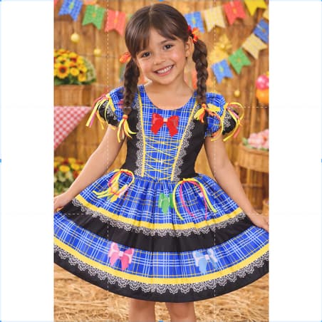 Vestido Festa Junina Infantil e Adulto Estampado com Laços Coloridos Envio Imediato FJ26