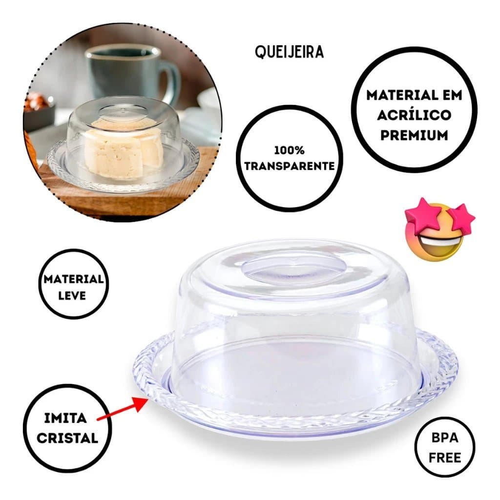 Porta Queijo Acrílico Premium com Tampa, Design Trançado, Queijeira para Café da Manhã