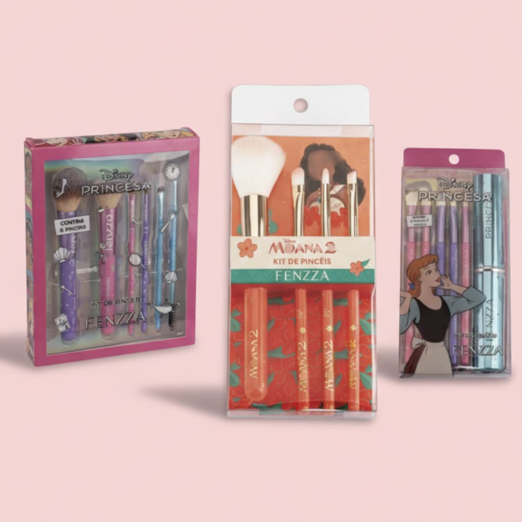 Kit Pincéis de Maquiagem Princesas e Moana - Disney e Fenzza - Pincel Blush, Pó, Sombrancelhas,