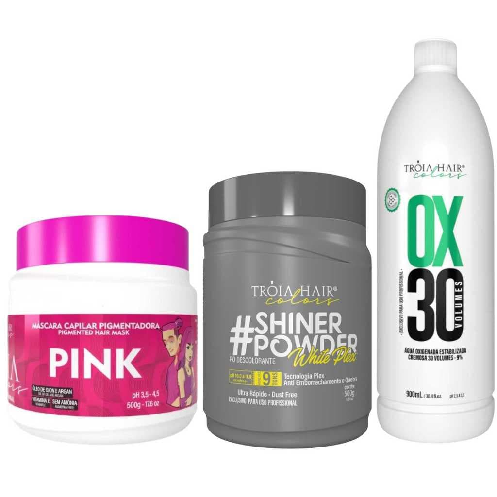 Pó Descolorante Premium 500g + OX 30 900ml + Troia Colors Pink 500g - Troia Hair