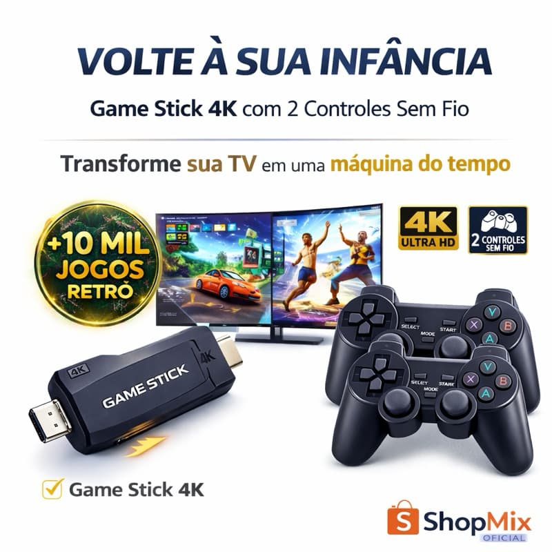 Game Stick 4K HDMI com 2 Controles Sem Fio +10.000 Jogos Retrô Integrados Console Clássico HD