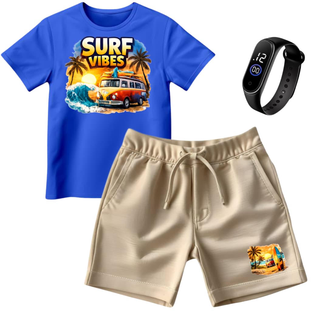Kit Infantil Menino Surf Camiseta + Bermuda Conjunto Verão Mais Relogio
