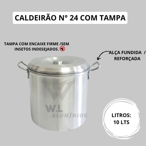 Caldeirões de Alumínio Reforçado Nº 24– Tipo Hotel – Latão com Tampa para Armazenar Carne e Banha