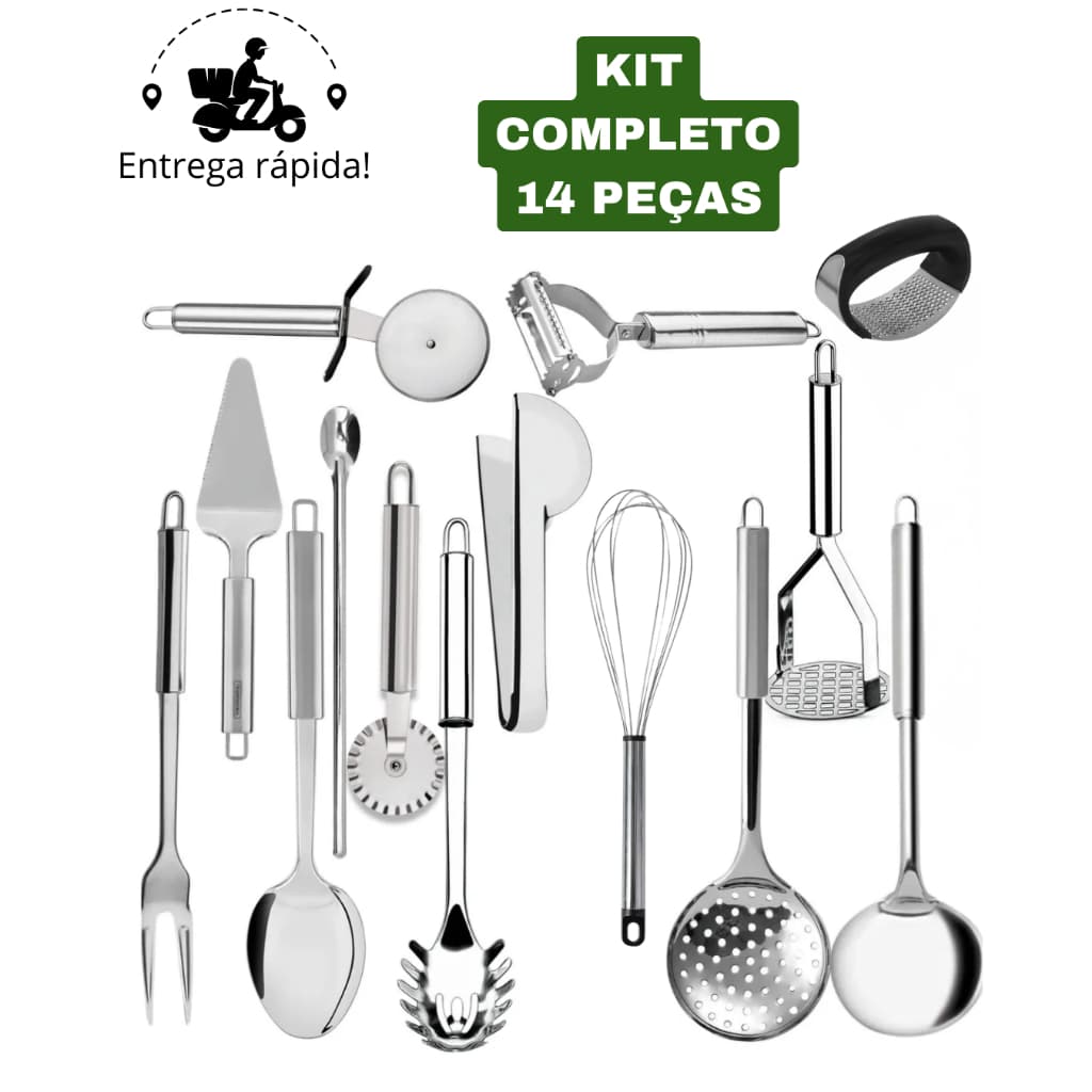 Utensílios para Cozinha Kit Completo Aço Inoxidável Multiuso Jogo Colher Escumadeira Concha