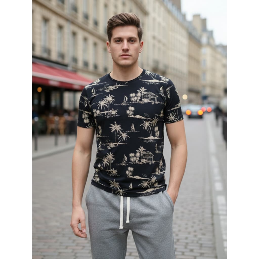 Camiseta Elastanho Manga Curta Com Estampada Inteira Coqueiro Malha Visco Lycra
