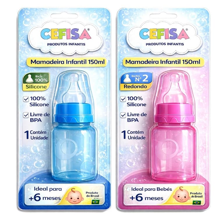 Mamadeira Bebê 150ml Cefisa Bico Silicone Redondo Nº2 Anticólica Livre BPA +6 Meses