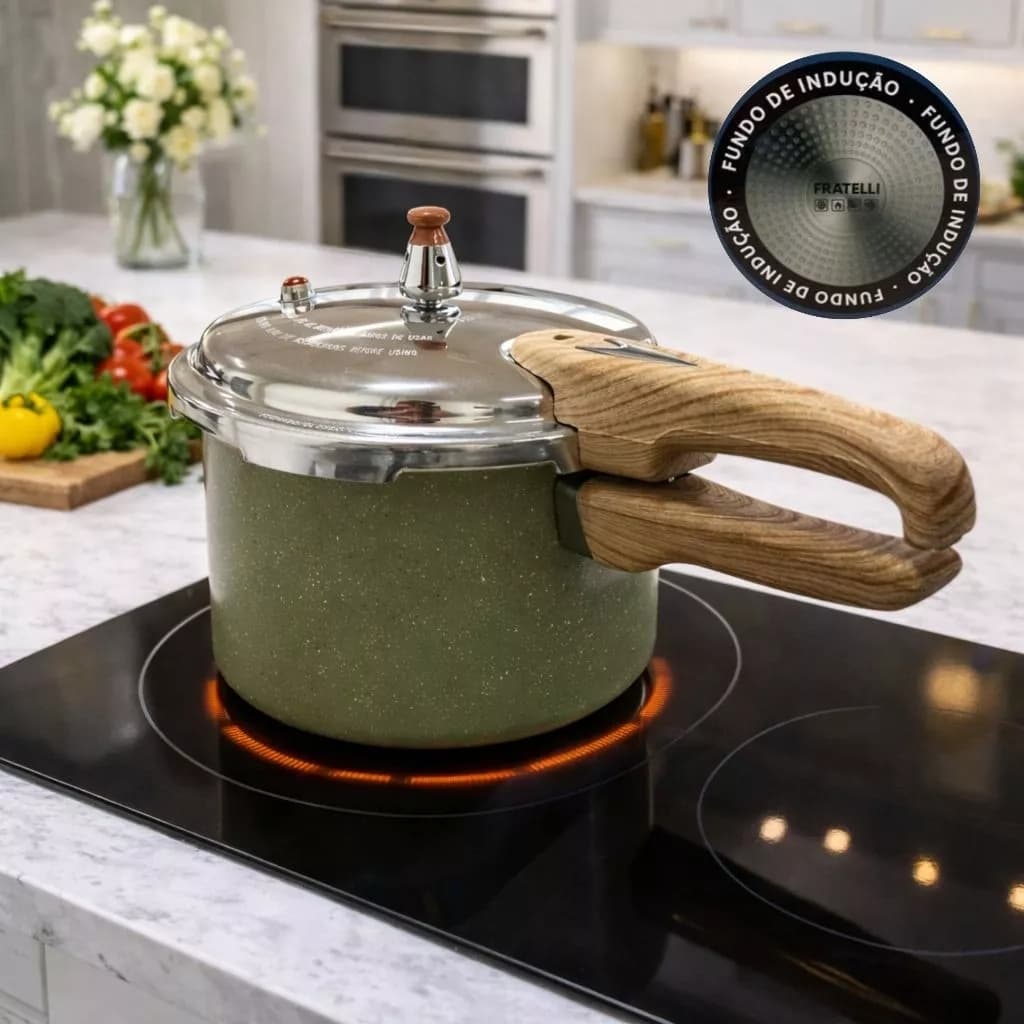 Panela de Pressão Max Chef Wood Indução 4,2L Verde Acinzentado Refeição Preparo Casa Carne Feijão