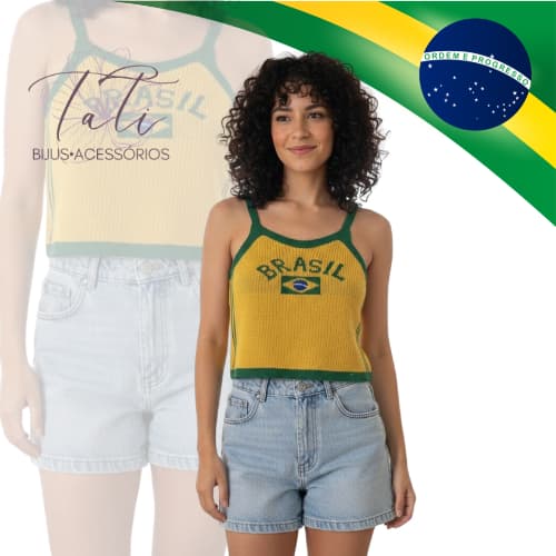 Cropped Tricô Alça Brasil Copa Blusinha Feminina Regata Curta