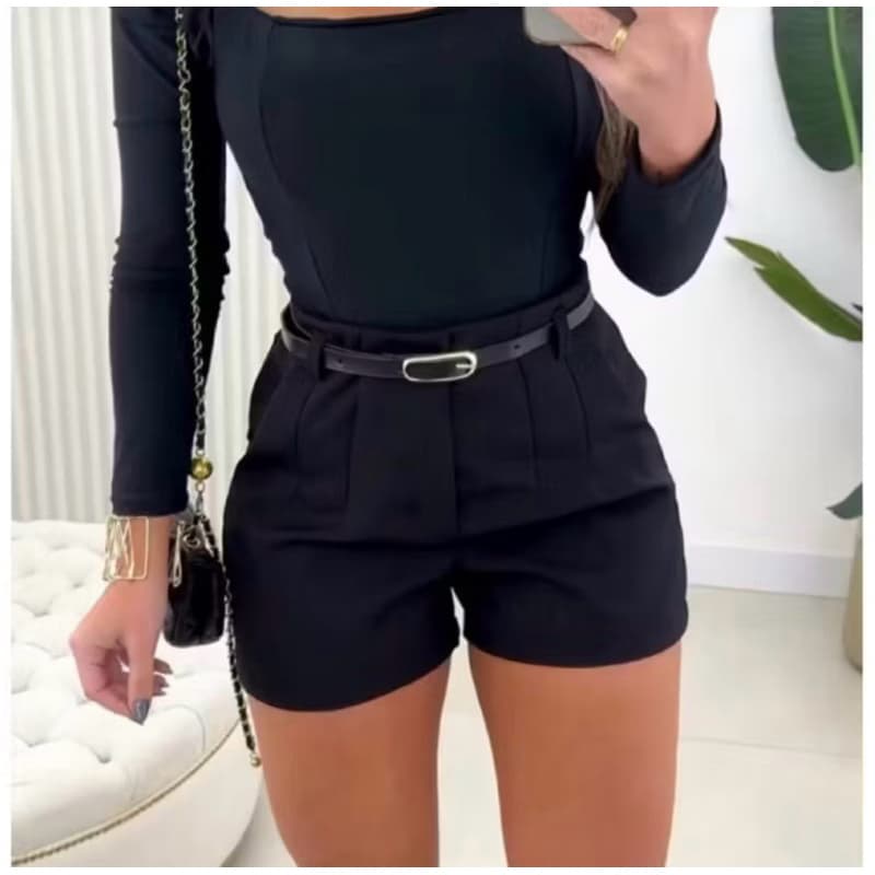 Short Alfaiataria Feminino Cintura Alta COM CINTO Bolso Zíper Lateral Bermuda Elegante Social