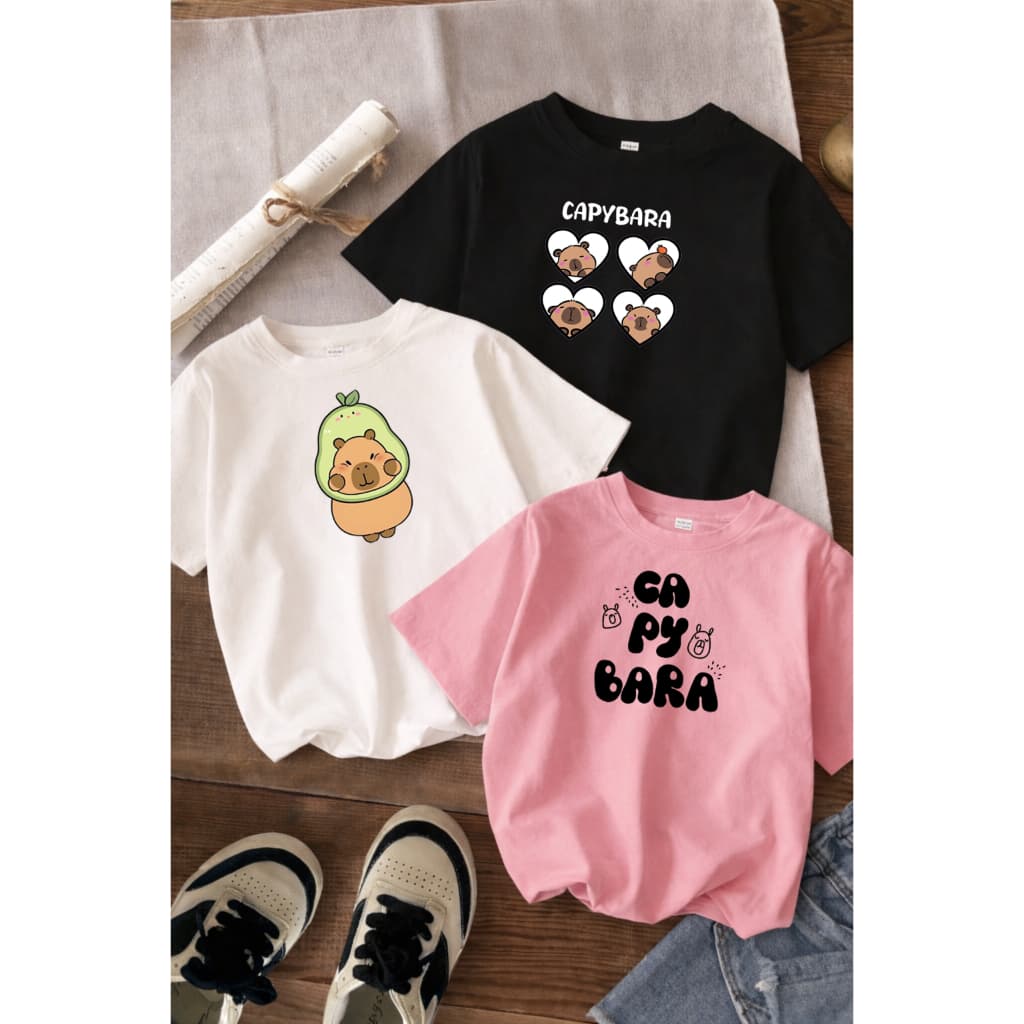 KIT 3 Camiseta Estampadas Capyvara Menina Básica Do 4 ao 14 anos Algodão