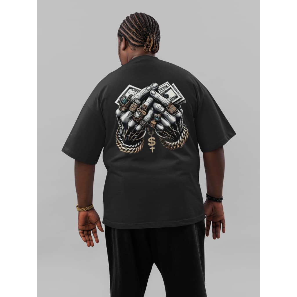 Camiseta Plus Size G1 ao G3 Mão Gangster Estampa nas Costas Streetwear Unissex Camisetas Plus Algodão Camiseta Grande