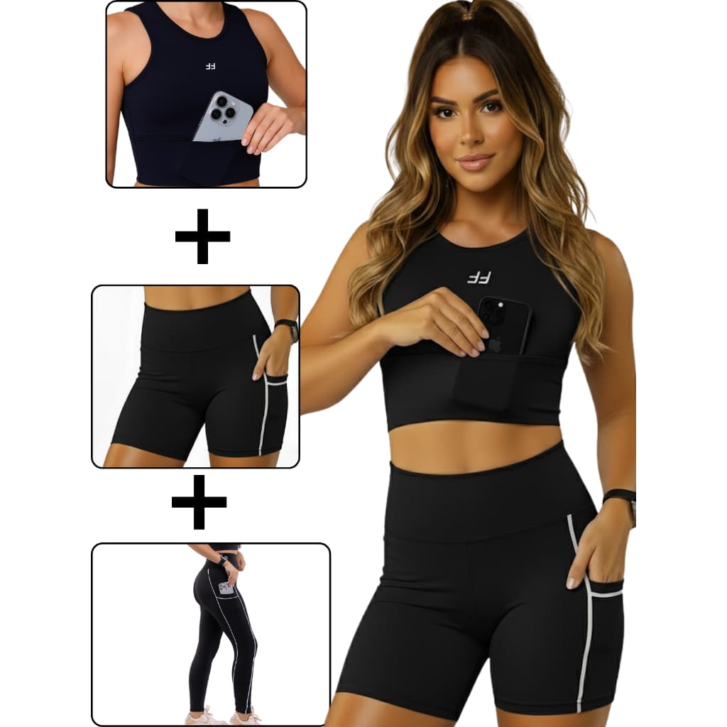Kit Fitness Top Com bolso Com Short Corrida e Calça Legging Suplex Power Alta Compressão Para Treino