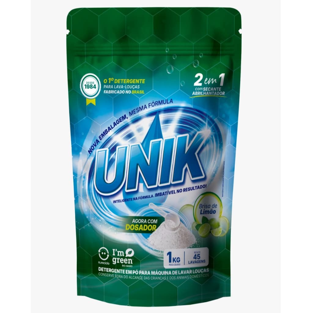 Sabão Máquina Lava Louças Unik 2 em 1 Mais Econômico Detergente Fragrância Limão com Secante 1KG