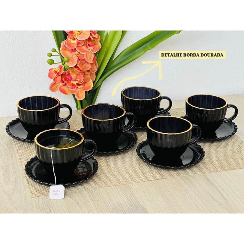 Conjunto Xícaras Preta Fio de Ouro Cha e Cafe 12 Peças Com Pires Vidro 100ml Decorada Borda dourada
