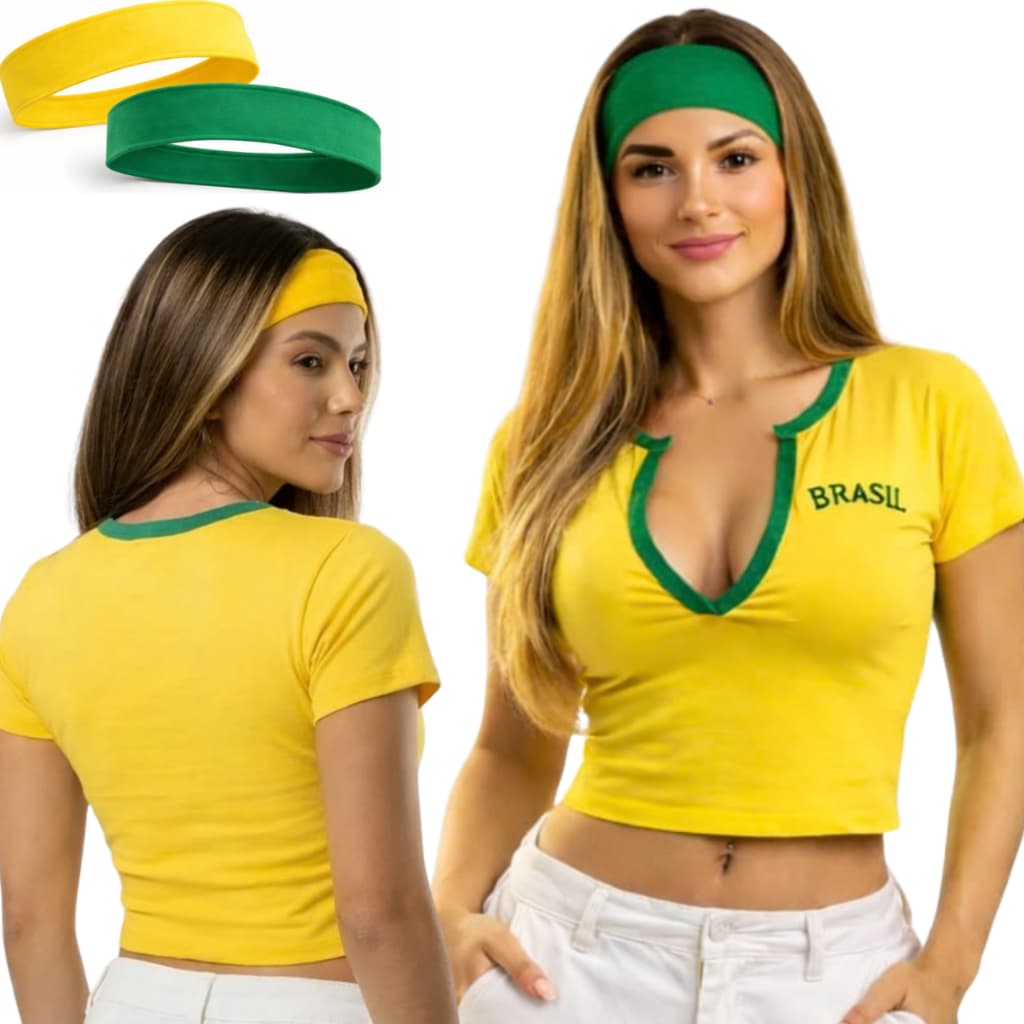 Blusinha Cropped Virginia Decotada Brasil E 2 faixas Testeiras De Cabeça Verde Amarela Copa Do Mundo
