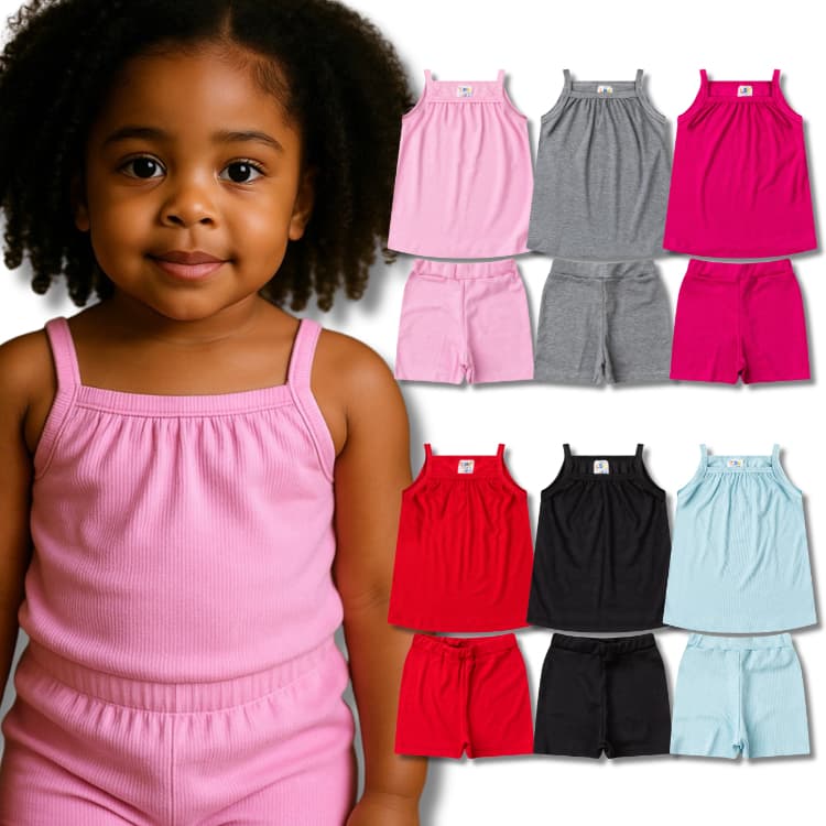 Kit Sortido 2, 3 ou 4 Conjunto Monocromático Liso Feminino/Menina Infantil Blusa de Alcinha + Shorts