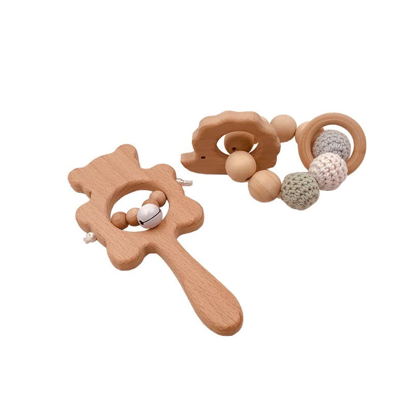Mordedor e Chocalho de Bebê Madeira Natural e Crochê | Brinquedo Artesanal Sensorial Montessori BPA Free