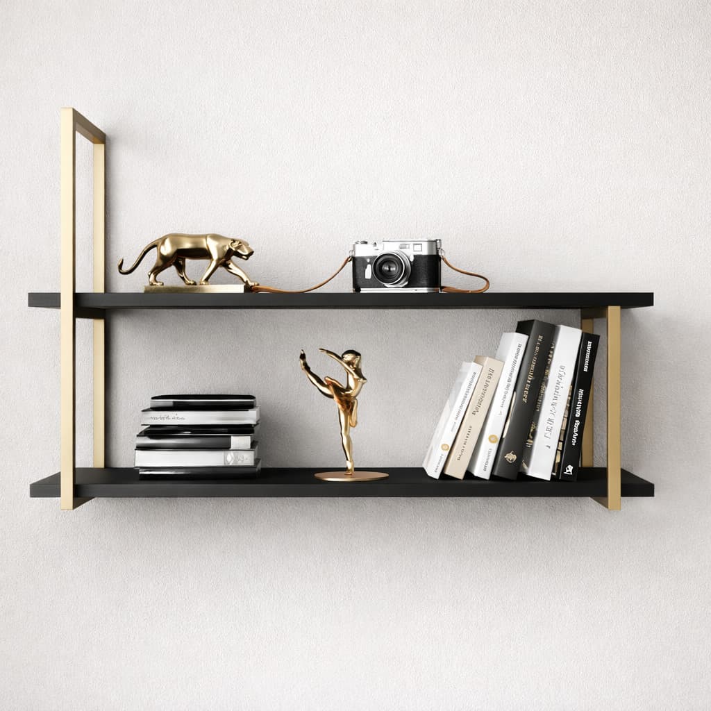 Prateleira Industrial 2 Prateleiras 100% MDF com Suporte Metal Dourado – Nicho Decorativo de Parede