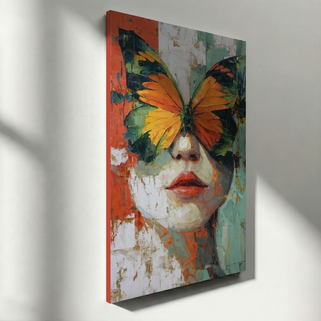 Quadro Decorativo Rosto Feminino Borboleta Arte Moderna Abstrata Colorida Tela Vertical Luxo