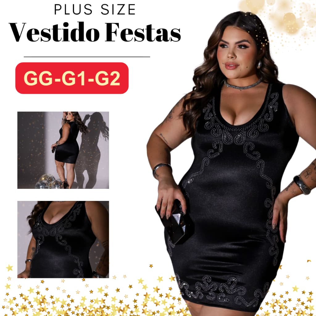 Vestido Curto Plus size Brilho Strass Manga curta  Justo Para Festas Fashion Glamor