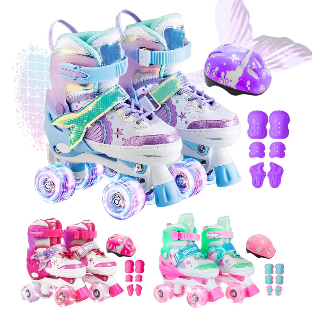 Patins Infantil 4 Rodas Ajustável Sereia + Proteção Rodinha Led