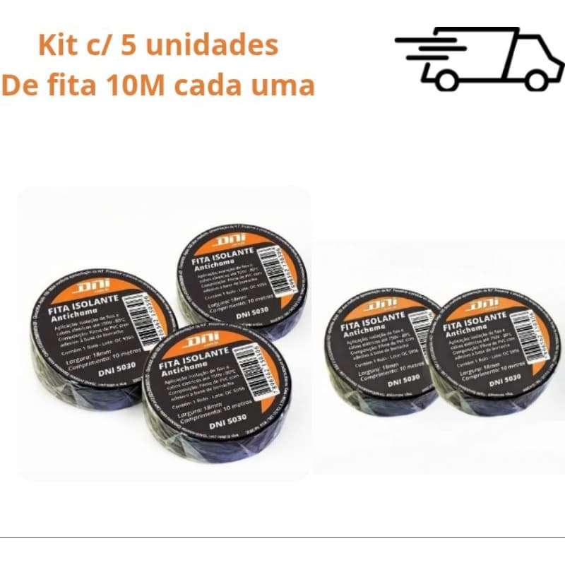 Pacote com 5 Fita isolante 10 metros cada unidade fita elétrica preta antichama pvc