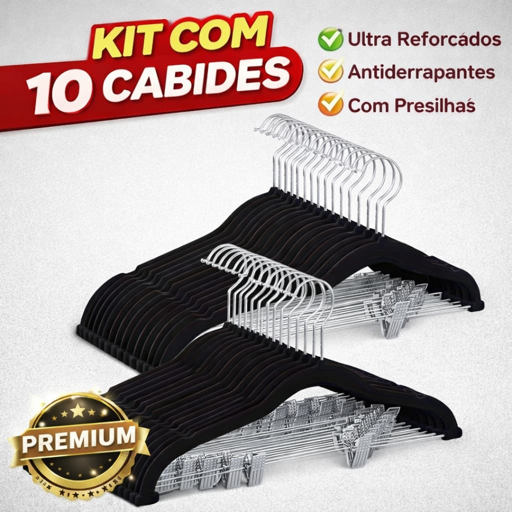 Kit Premium 10 Cabides de Veludo com Barra e Presilha Preto – Ultra Reforçado e Elegante