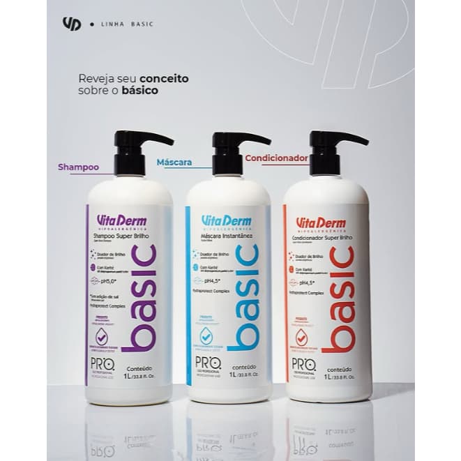 Kit Shampoo + Condicionador + Máscara Basic 1L Vita Derm - Hidratação e Brilho Profissional