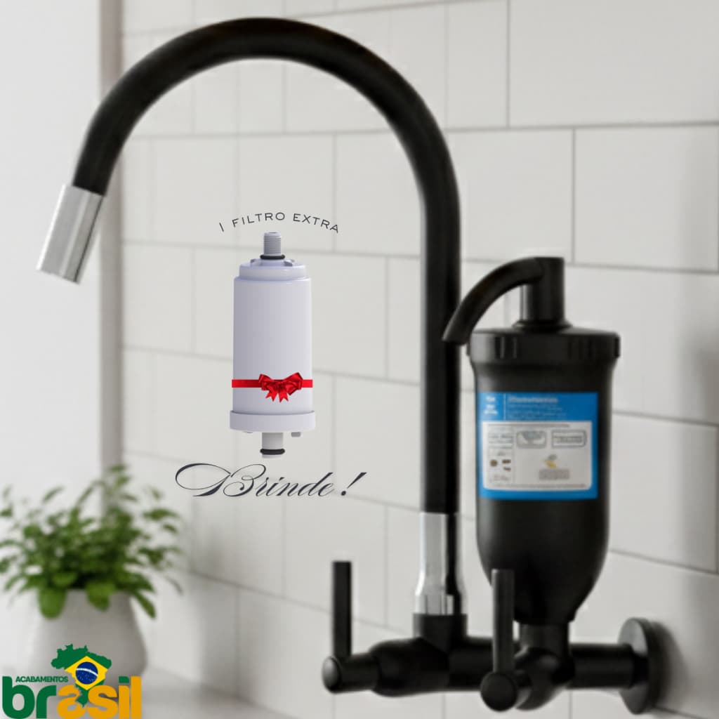 Torneira Filtro Preta Cozinha Purificador Parede Pia carvão vela Refil Bica Flexível + vela extra