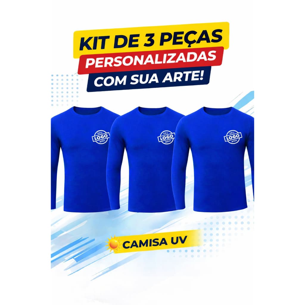Kit 3 Camisas Uv +50 Manga Longa Personalizada Logo Frente DTF Uniforme Empresa Fardamento