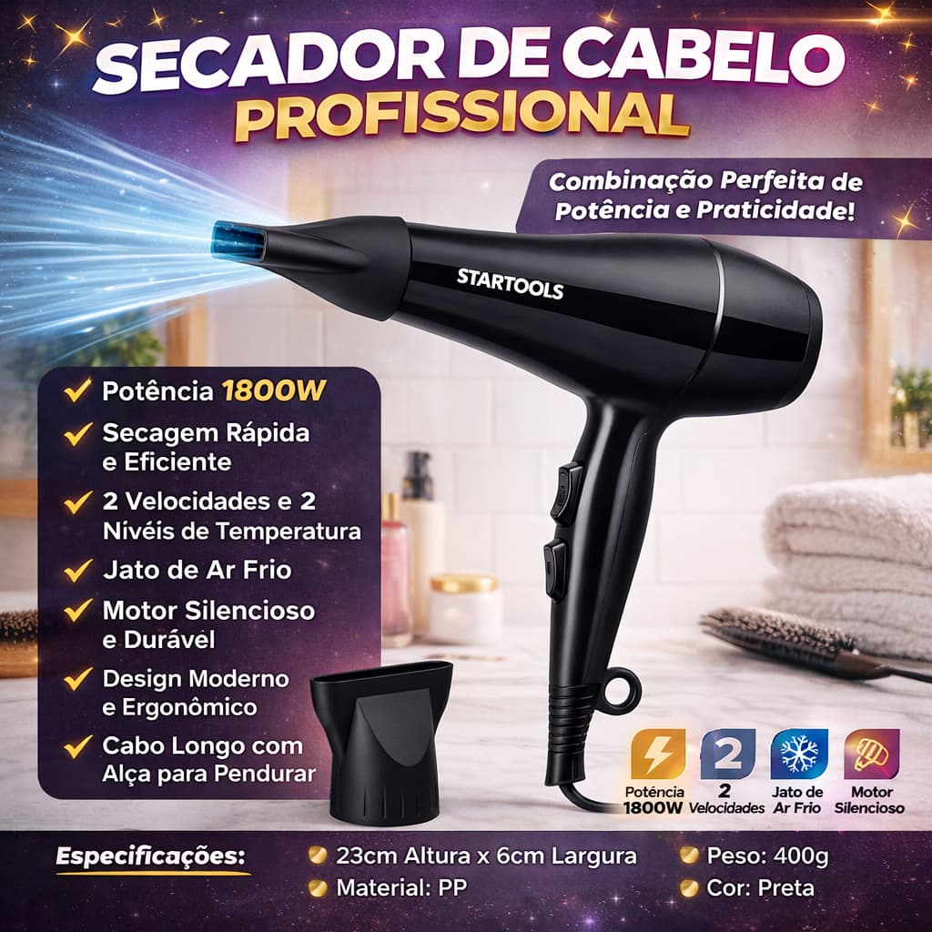 Secador De Cabelo Profissional Startools 1800W 2 Velocidades Cabo Dobrável 127V