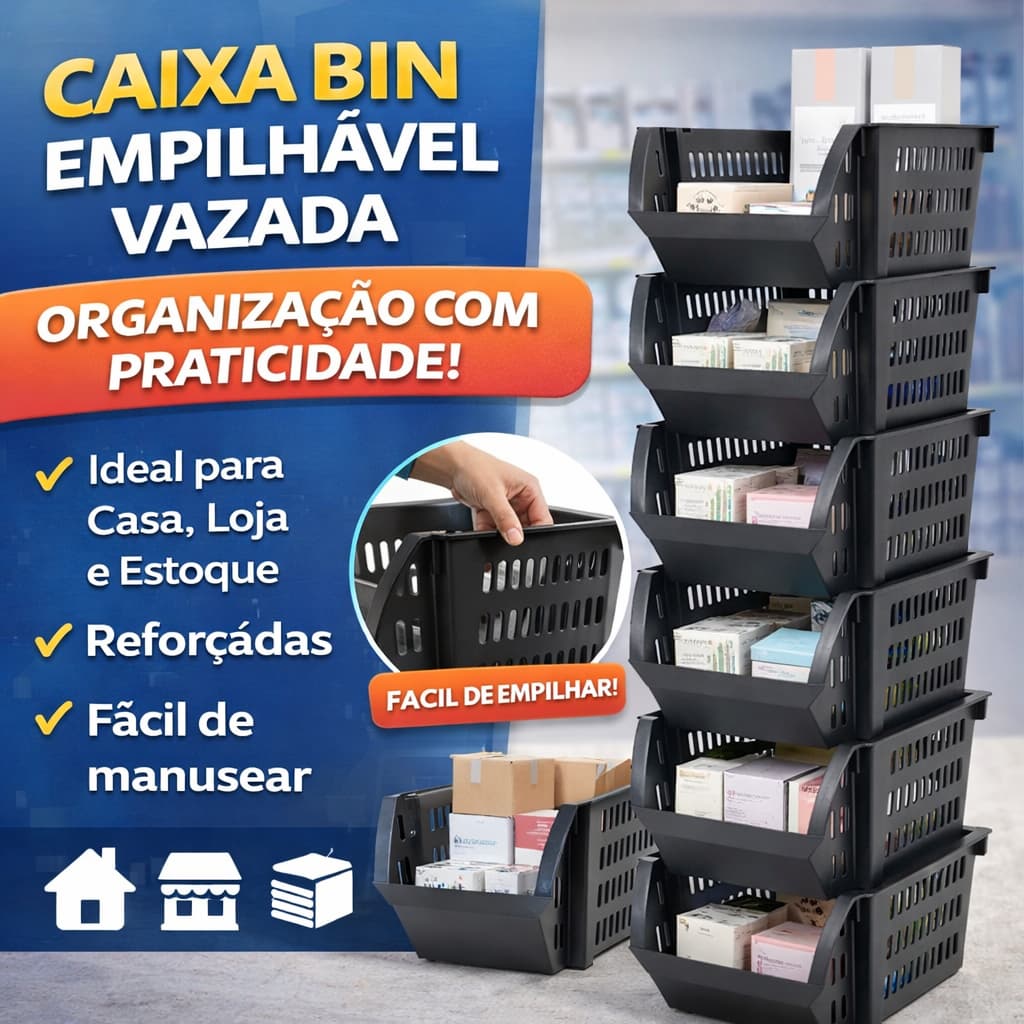 Kit 10 Caixa Bin Cesto Empilhavel Preto Expositor Organizador Estoque Loja Plastico Preto 13x25cm