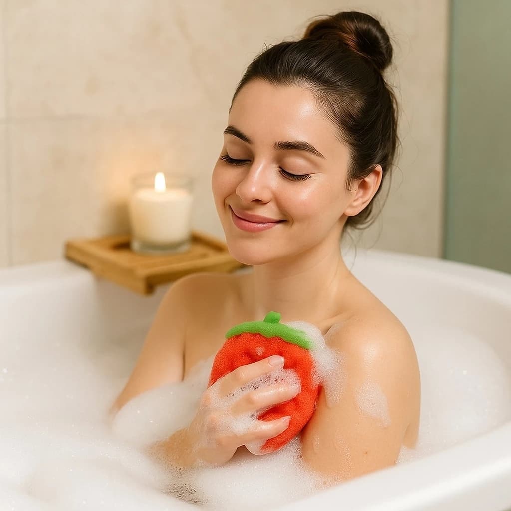 Esponja Banho Fruta Vermelha Macia Espuma Esfoliante Higiene Pele Massagear Lava Remove Sujeira