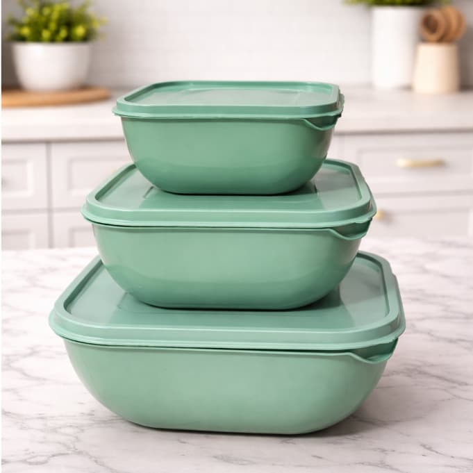 Conjunto Potes Plásticos Quadrados 3 peças Verde Menta