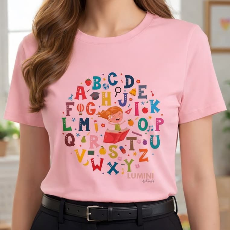 Blusa Tshirt, ABC Círculo, colorida, auxiliar escolar, cuidadora, educação infantil, moda plus size, professora