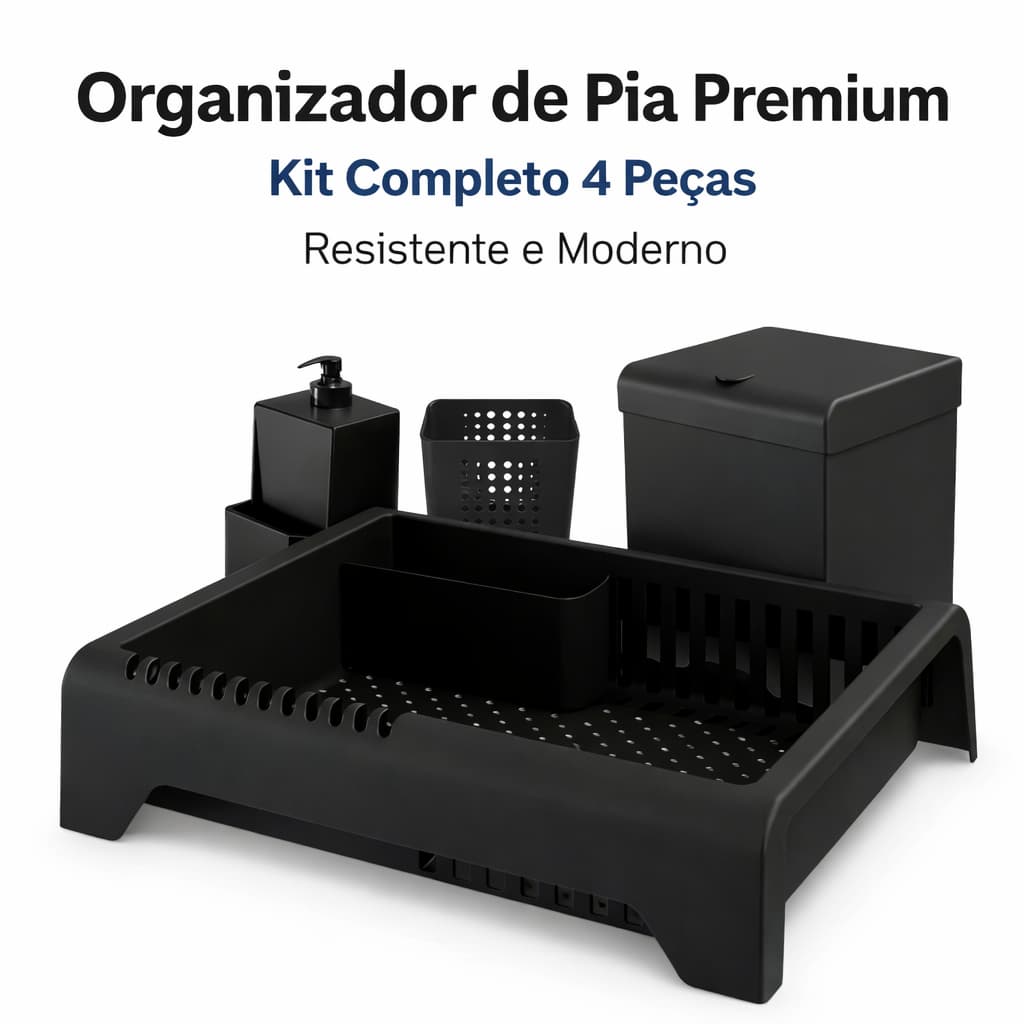 Kit Organizador Pia REFORÇADO 4 Itens Escorredor Louça + Lixeira + Porta Talher + Dispenser Para Detergente e Esponja