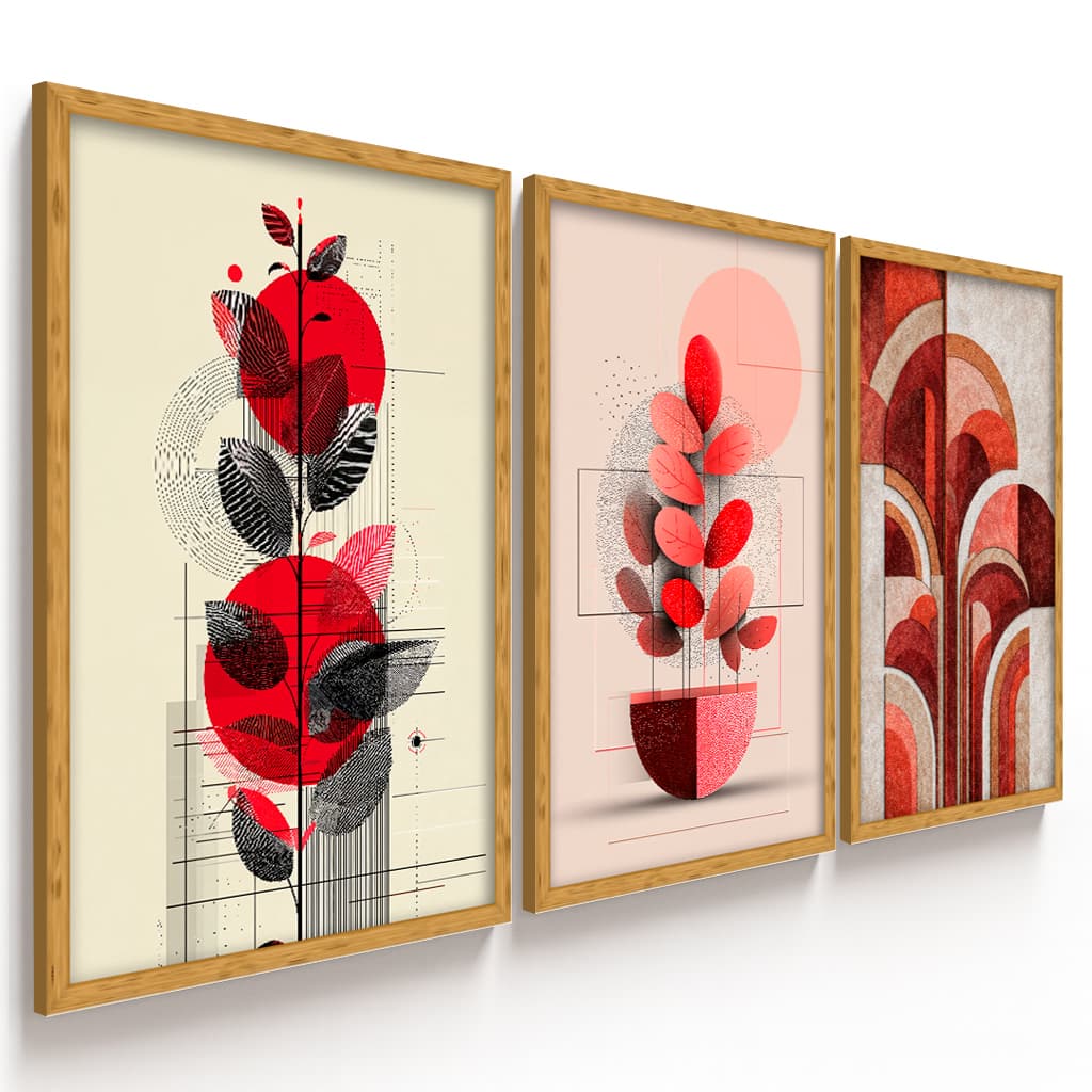 Quadros Decorativos 3 Peças Floral Moderno Vermelho Abstrato Geométrico para Sala e Quarto