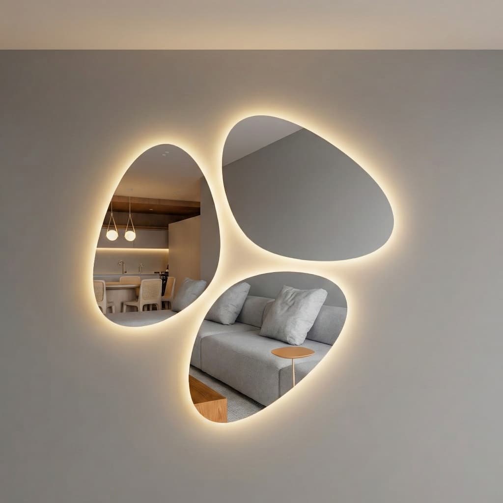 Kit 3 Espelhos Orgânicos 45x70 com LED Pilha ou Led Fonte Decorativo, Sala, Hall, Closet