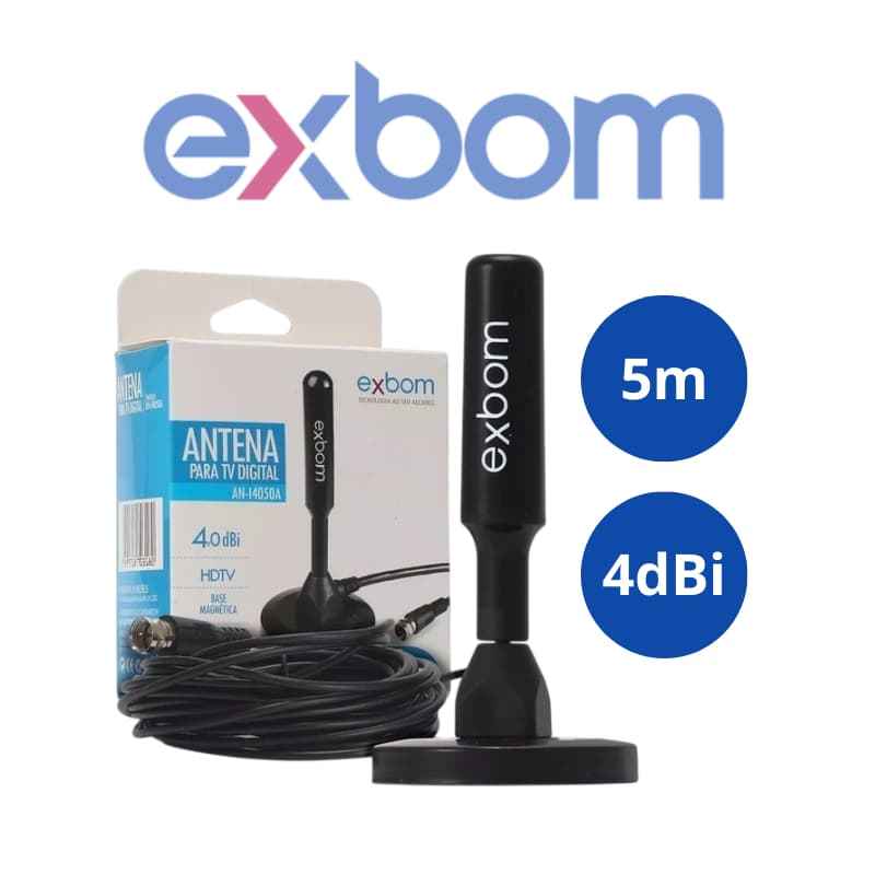 Antena Digital TV HDTV 4K 1.5m/4m/5m Interna/Externa Base Imã Exbom Conector Coaxial